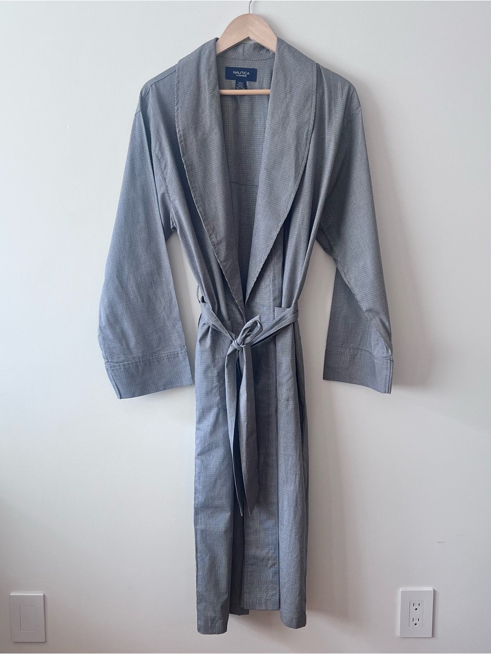 Nautica 100% Cotton Black Gray White Micro Check Robe Pockets Men’s S/M EUC